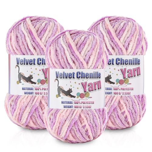 Image of 3 * 100g /3.5oz Fluffy Chenille Yarn for Crocheting, Chunky Velvet Yarn for Crochet Amigurumi, Used for Making Baby Yarns Blanket, Clothes, Pattern Knitting Creations (Pastel Purple)