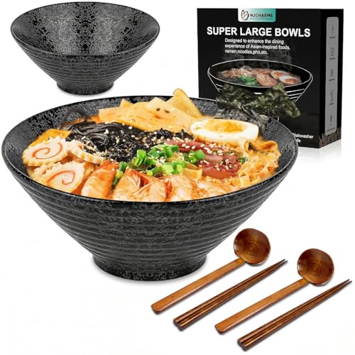 NJCHARMS Ceramic Ramen Bowl Set of 2, 60 oz Japanese Noodle Soup Bowls with Spoons and Chopsticks for Ramen Soup Pho Udon Asian Noodles, Large Noodle Bowls