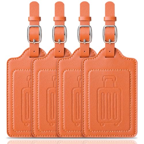 Image of Teskyer Luggage Tags, Thick & Durable, Easy to Identify, Privacy Protection, TSA Approved Travel Essentials Suitcase Tags - 4 Pack, Orange