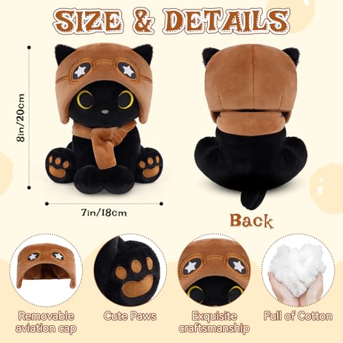 Image of Cat Plush Toy - Black Cat with Removable Aviator Hat, 8 inch Cute Stuffed Animal Pilot Gifts for Kids & Adults, Soft Aviator Kitten Toy Birthday Gift for Boys,Girls