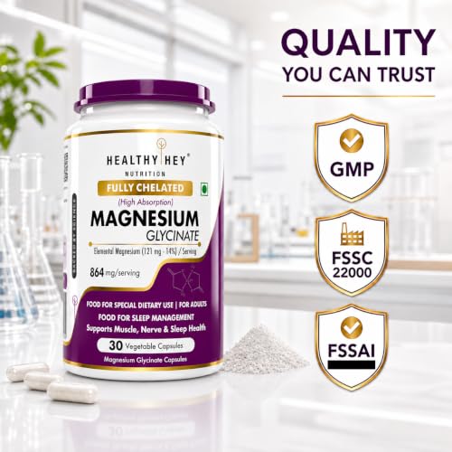 Image of HealthyHey Nutrition Magnesium Glycinate 14% Fully Chelated Supplement High Absorption for Sleep, Cramps, & Nerves Health - 30 Vegetable Capsules