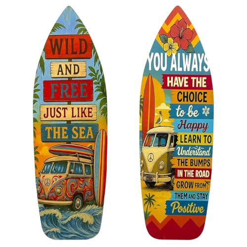 Générique Planche de Surf Décoration Murale en Bois MDF, Set de 2, hauteur 75 cm Style Vintage Van Vacances, Colorée
