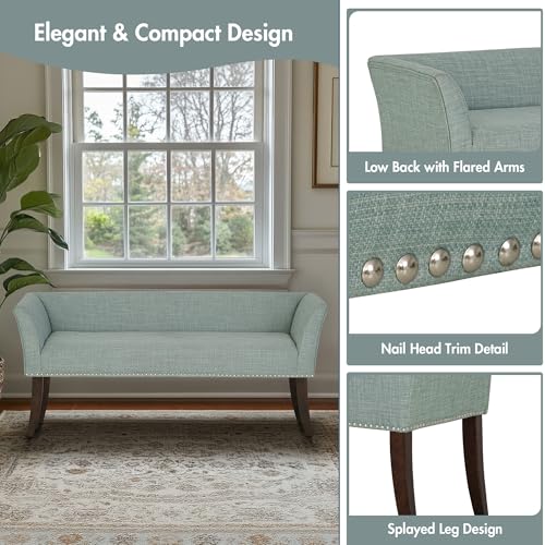 Image of Madison Park Accent Bench for Living Room, Upholstered with Nailhead Trim, & Padded Seat Entryway Bench Small, End of Bed Bench with Back, 49.5 inch W x 19.25 inch D x 23 inch H, Light Blue
