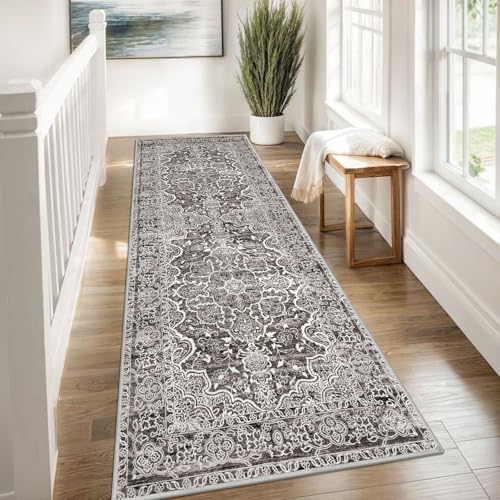 KUTA Vintage Washable Kitchen Runner 3x8, Non Skid Washable 8 ft Runners, Printed Distressed Floral Ultra Soft Carpet for Bedroom Living Room Tan Grey