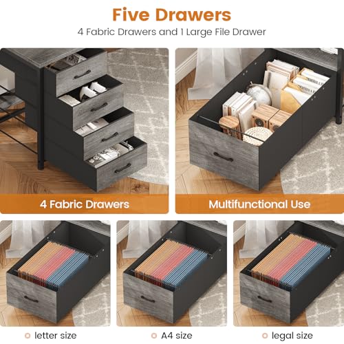 Image of SEDETA 75'' Computer Desk with 5 Drawer, Power Outlet & Led Lights, Home Office Desk with File Drawer, Storage Shelves, Printer Cabinet and Monitor Shelf, 23.6 inch W Large Desktop Gaming Desk, Grey