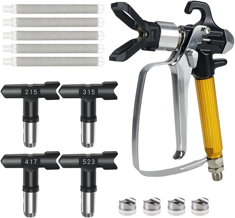 Airless Paint Spray Gun High Pressure 3600 PSI with Reversible 215/315/417/523 Nozzle Tip Guard 5PCS Spray Gun Filter 4PCS Seal Tip Gaskets for Airless Paint Sprayers ZT 811S