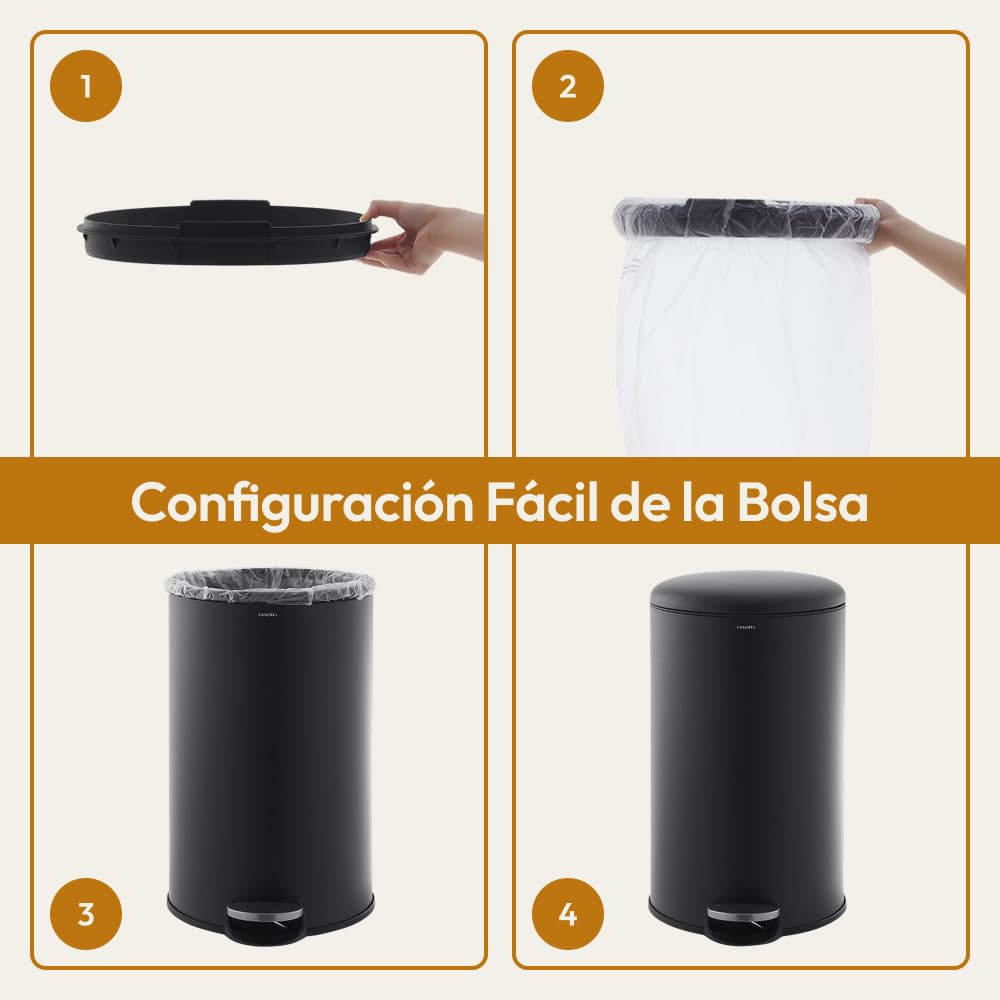 CASABEL Cubo de basura de cocina redondo 50L, acero inoxidable, negro | Apertura con pedal, Cierre suave, Acero antihuellas, Aro de sujeción de bolsa, Asa de transporte, Fácil mantenimiento