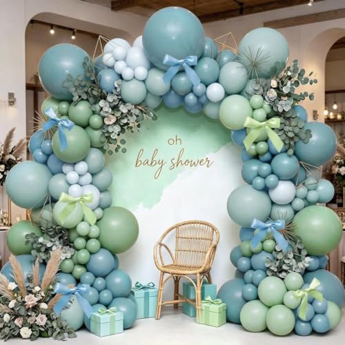 Image of Dusty Blue Sage Green Balloon Arch Kit, Double Stuffed Pastel Light Green Fog Blue White Cream Balloon Garland With Bows for Baby Shower Bridal Wedding Birthday Gender Reveal Silly Goose Party Decor
