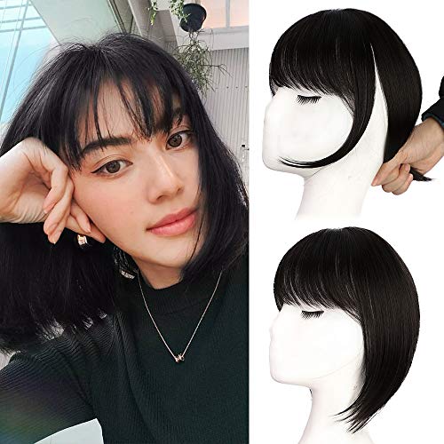 KooKaStyle Clip in Bangs 3D Air Bangs Straight French Fringe Hair Patch Synthetic Topper Cover Hairpieces with Bangs for Women One Piece Bangs with Temples (Natural Black & Dark Brown mixed)