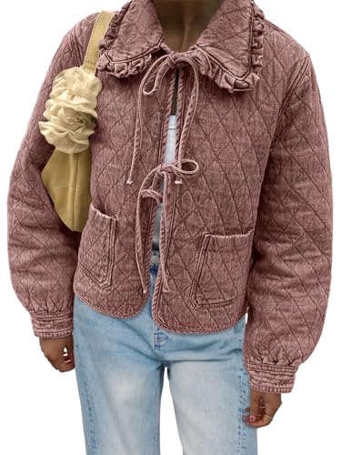 Image of Tankaneo Womens Quilted Denim Puffer Jackets Tie Front Bow Cropped Puffy Jackets Fall Cute Short Jeans Coat