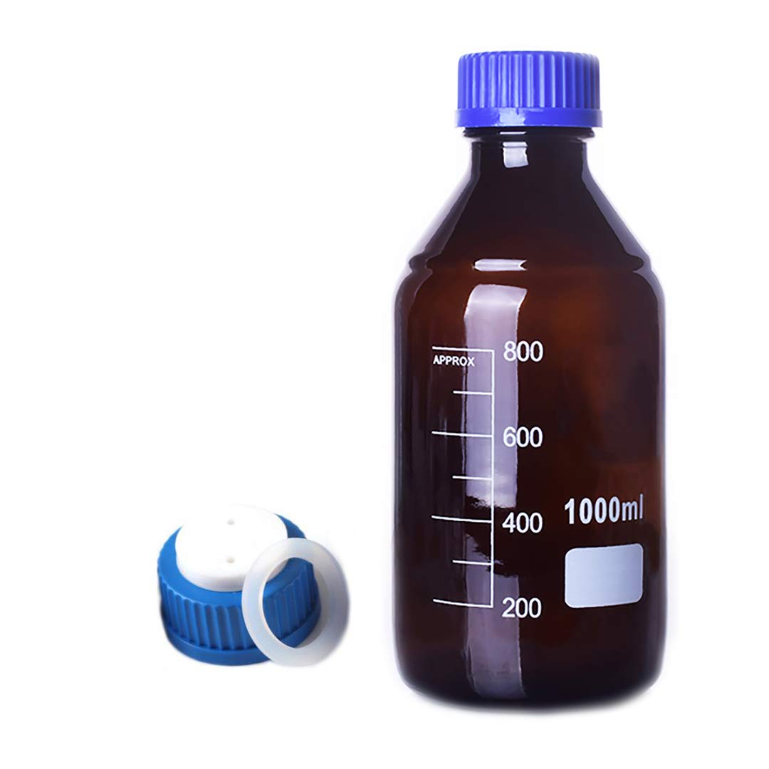 Bernsteinbraune, runde Medienaufbewahrungsflasche mit PTFE-2-Loch-Mobilphasenverschluss GL45 – 100 ml bis 2000 ml Fassungsvermögen(1000ml)