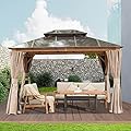 Domi Outdoor Living 10’ x 12’ Hardtop Gazebo, Wooden Coated Aluminum Frame Canopy with Polycarbonate Double Roof, Outdoor Permanent Metal Pavilion with Curtains and Netting for Patio, Deck and Lawn
