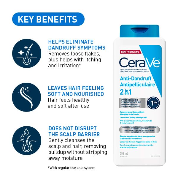 CeraVe 2-in-1 Anti-Dandruff Hydrating Shampoo and Conditioner, Gently Cleanse Scalp, Remove Flakes, & Reduce Itching while Hydrating the Hair. Suitable for all Hair Types, Even Colour-Treated. 355mL - Image 6