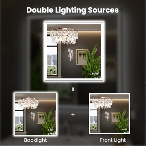 Image of WTTY 36 inchX36 inch LED Bathroom Mirror with Black Frame, Bathroom Vanity Mirror with Lights for Wall, Front Light and Backlit, Anti-Fog, Dimmable, 3 Colors, Shatterproof, Memory, Horizontal /Vertical
