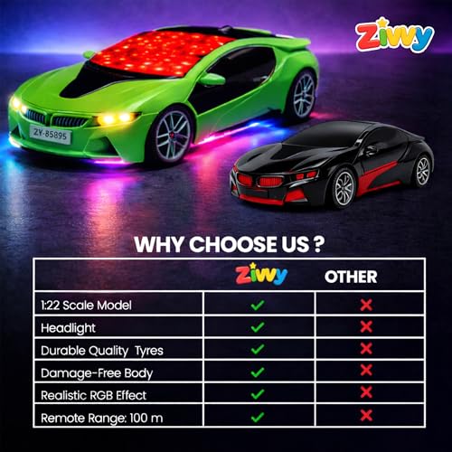 Image of Green Remote Control Car Toy, RC Racing Vehicle for Children, High Speed, 3D LED Light Car, Kids Battery Car, RC for Boys & Girls Age 3+, Toys for Kids, Birthday Gift for Boys and Girls