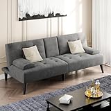 Shintenchi Futon Sofa Bed, Velvet Foldable Couch, Reclining Sleeper with Removable Armrests, Upholstered Loveseat Sofa Couch with Folding Cup Holders for Home, Office, Dark Grey