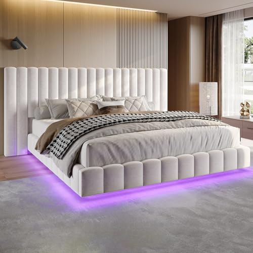 Jocisland King Bed Frame with LED Lights and Upholstered Oversized Headboard, Modern Velvet Platform with Floating Design, No Box Spring Needed, Cream
