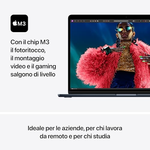 Apple laptop MacBook Air 15" con chip M3 (2024): display Liquid Retina 15,3", memoria unificata 8GB, archiviazione SSD 256GB, videocamera FaceTime HD 1080p, Touch ID; Mezzanotte - Immagine 2