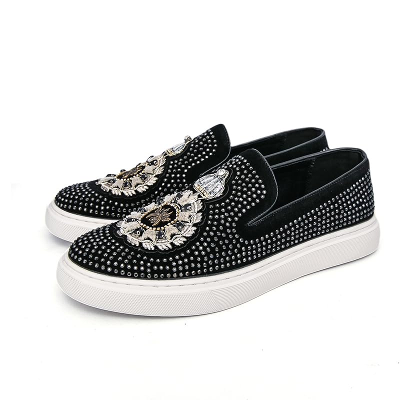 2025 New Men Tide Leather Casual Shoes Fashion Luxury Embroidery Twinkling Rhinestone Flat Shoes Leisure Sneakers Loafers