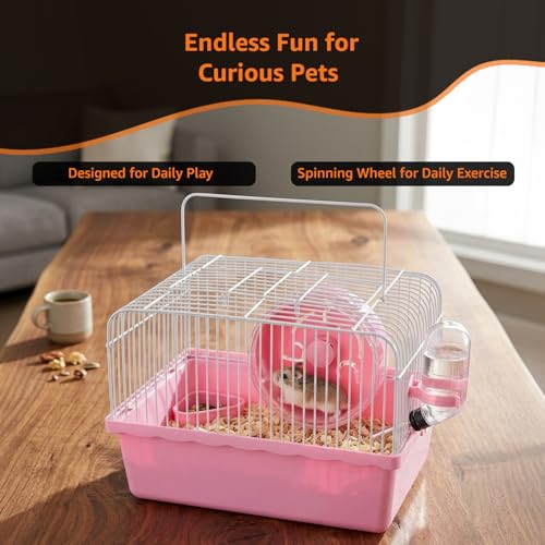 Image of Amazon Basics Hamster, Gerbil, Guinea Pig Cage and Playhouse | Pink | Spacious for Small Pets|Plastic | Double Story with Slide, Exercise Wheel and Feeding Bottle | LxWxH- 23x 17x 25 Cm