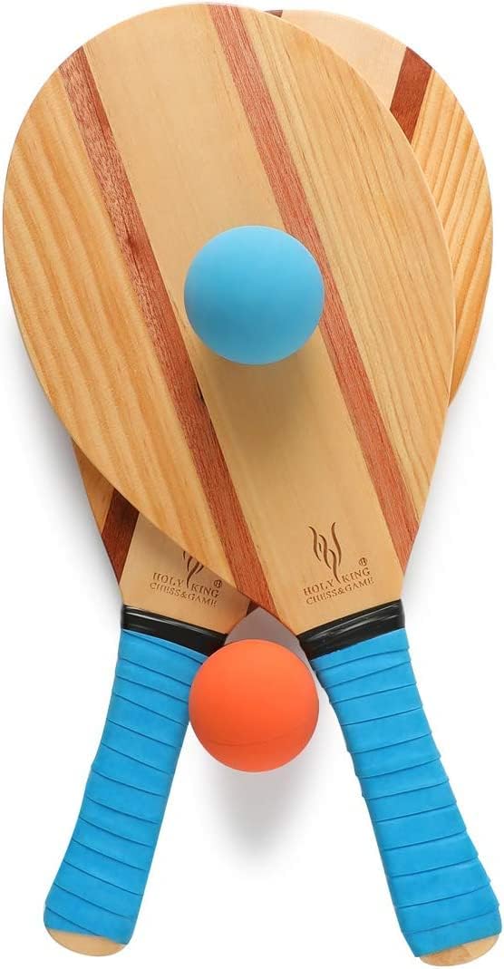 HOLYKING Wooden Beach Striped Paddle Game Sets, Tennis Racket Outdoor Sport Games