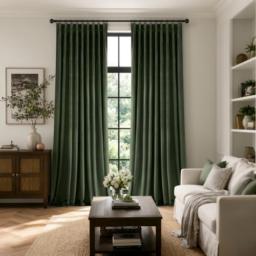 Image of MIULEE Velvet Pinch Pleated Extra Wide Olive Green Blackout Curtain 60x108 | Thermal Insulated, Luxury Window Drapes, Pleat Design for Sliding Glass Door Bedroom Living Room with Hooks, Set of 2