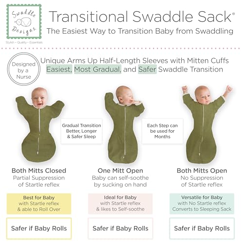 Image of SwaddleDesigns Transitional Swaddle Sack, Arms Up Half-Length Sleeve & Mitten, Most Gradual Transition Swaddle for Newborn