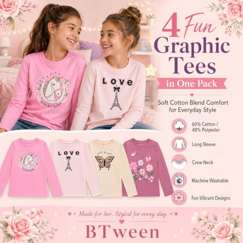 Image of BTween Girls 4 Pack Long Sleeve Graphic T-Shirts Cotton Blend, Fun Vibrant Designs