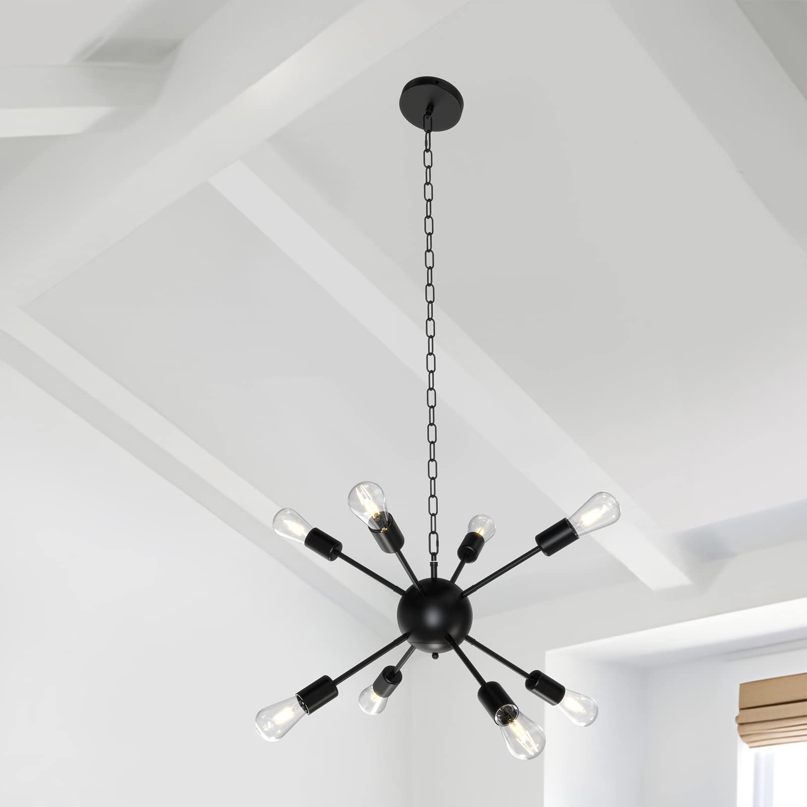 Kuwork 8-Lights Hanging Lights with Plug in Cord, Black Industrial Sputnik Chandelier 16.4ft Cord 4.9ft Chain, Farmhouse Chandelier Plug in Pendant Light