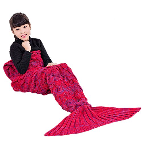 Umeicool Sirena Manta Croché Ondulado Escama Suave Cuatro Estaciones Saco De Eormir Para los niños o Adultos (Niños rojos)