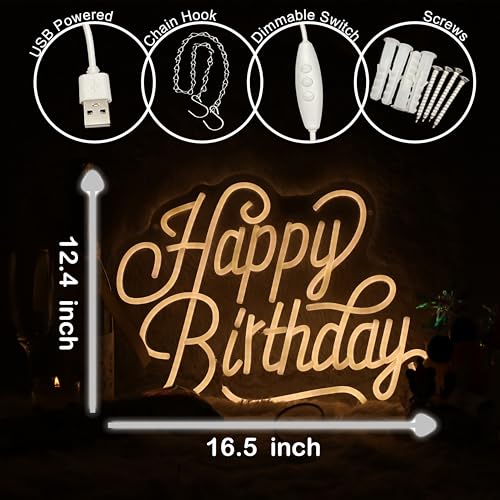 Image of Happy Birthday Neon Sign For Backdrop Birthday Decorations LED Neon Light Signs for Birthday Led Light Up Sign Party Decor Dimmable Warm White LED for Birthday Gift 16.5 inchx12.4 inch