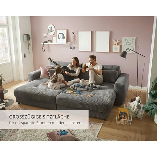 Big Sofa BARURA Cord dunkelgrau – XXL Couch mit großer Liegefläche, modernes Sofa 292x194 cm inklusive Nierenkissen