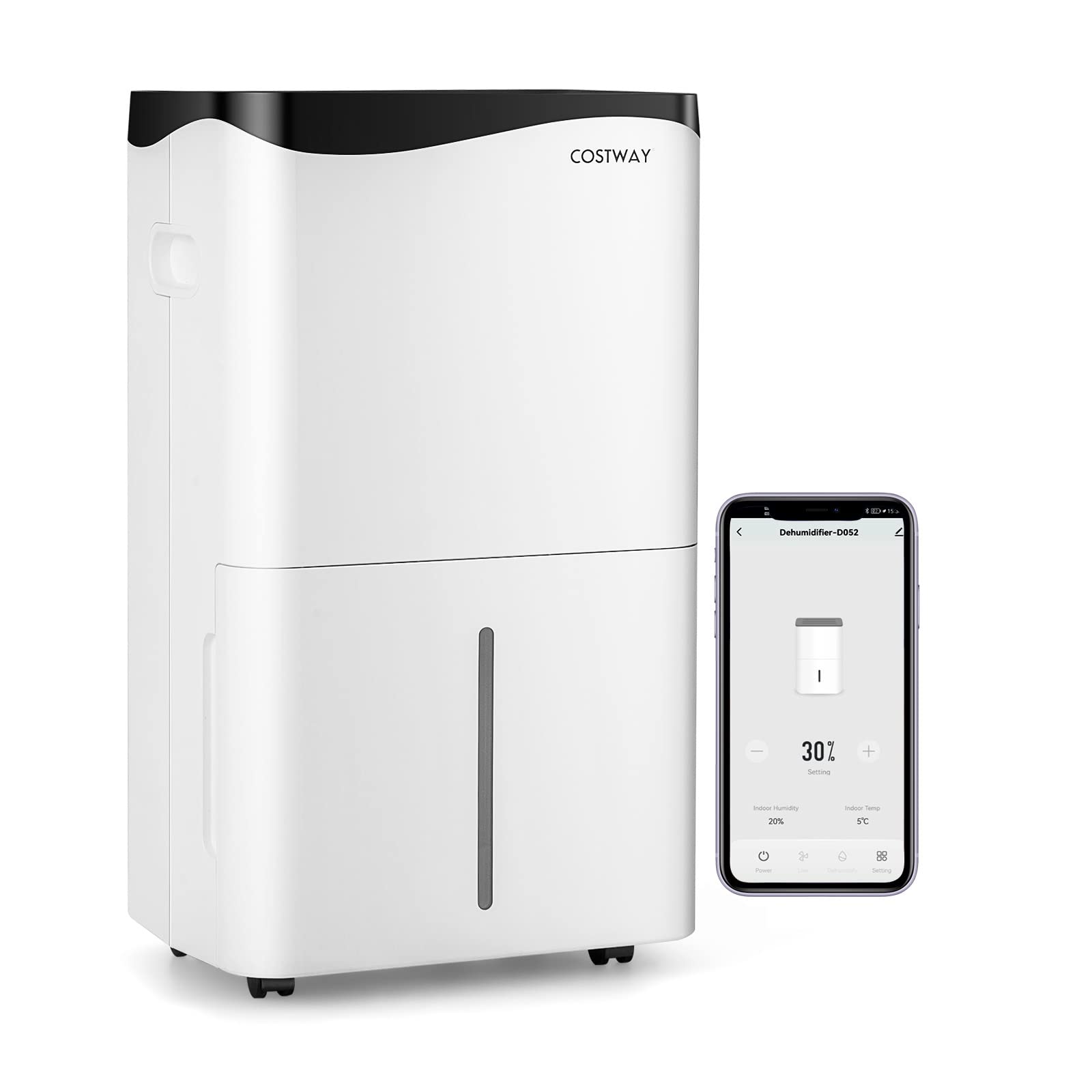 COSTWAY Suszarka budowlana 50 l/dzień, 4 tryby, inteligentny osuszacz powietrza z timerem 24 h, wentylatorem i trybem uśpienia, zbiornik na wodę 5 l i wąż odpływowy, z diodami LED, wielkość