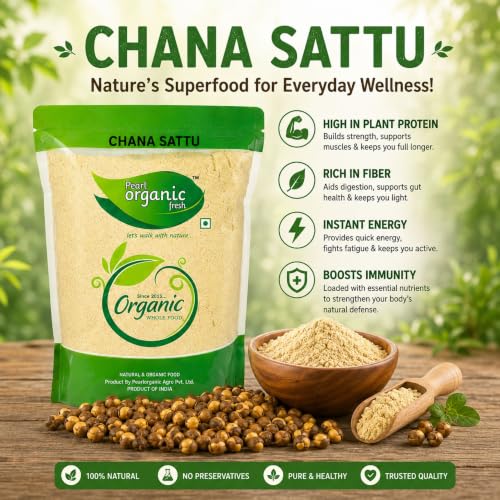 Image of Pearl Organic Fresh Chana Sattu Powder 500g | Roasted Gram Flour | High Protein & Fiber | Traditional Bihar Sattu Drink Mix | Natural Energy Booster | Healthy Summer Drink | No Preservatives | Vegan
