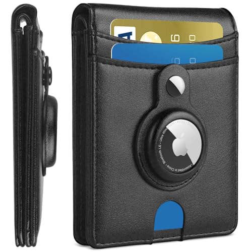 Miroddi Airtag Wallet for Men, Slim Leather Mens Wallet with Airtag Holder, 10 Cards High Capacity Men's Wallet with Cash Slot, ID Window, RFID Blocking Card Holder Wallet with Gift Box, Black