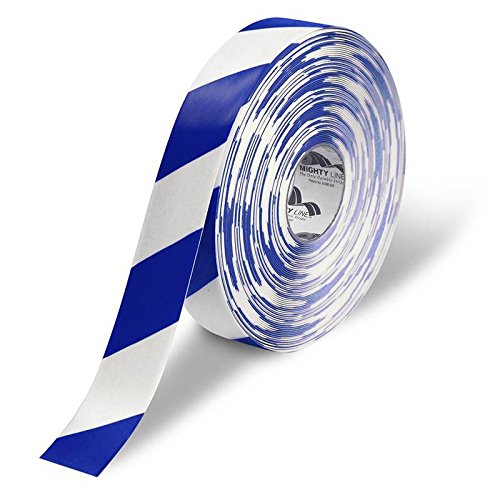 Mighty Line Diagonal Chevron Floor Marking Tape, Heavy-Duty, Peel and Stick Adhesive, Beveled Edge Design, Industrial Quality, 2 inch White/Blue 100' Roll