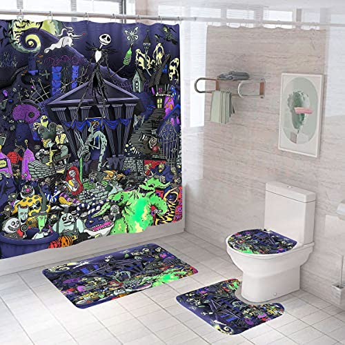 DDS-DUDES 4Pcs Christmas Shower Curtain Sets Kids Bathroom Halloween Decor with 12 Curtain Hooks for Bathroom Waterproof 71 x 71 inch (D0025)