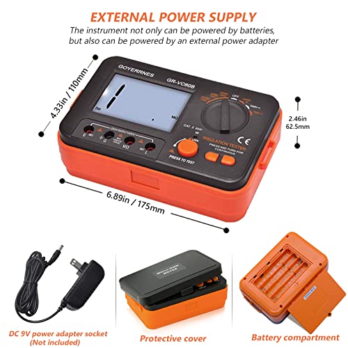 Insulation Resistance Tester Digital Ohm Meter Megohmmeter GR-VC60B+ DCV Megohm Meter Voltage Tester 250/500/1000V, ACV Megohm 750V with 1999 Count Large LCD Display, Data Hold, Backlight