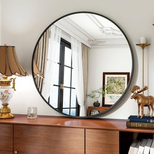 Koonmi Miroir Rond Noir de 80 cm avec Cadre en Alliage d'aluminiu...