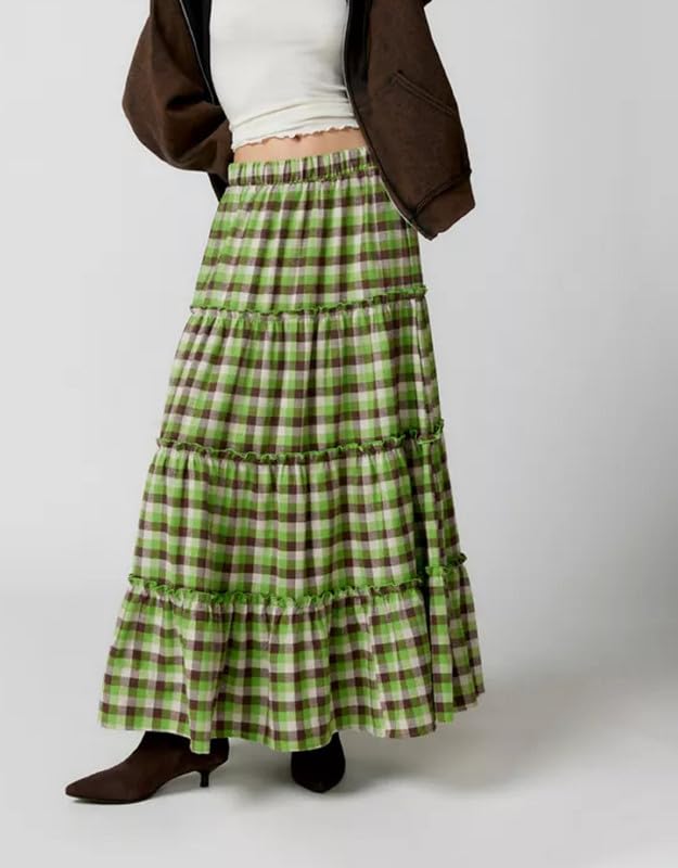 Y2K Women Plaid Tiered Maxi Skirt Elastic High Waist Gingham A Line Long Skirt Flowy Swing Vintage Midi Skirts4