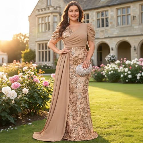Image of Elegant Women's Formal Dress Wedding Guest Puff Sleeve Mermaid Ball Gowns Court Train Plus Size Sequin Long Dresses