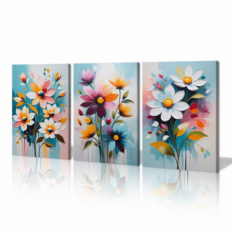 KAWAHONE Abstract Flowers Blooming Oil Painting- Nature Colorful Floral Wildflower Wall Art- 3D Bright Colorful Flowers Textured Art for Bathroom Living Room Home Decoration