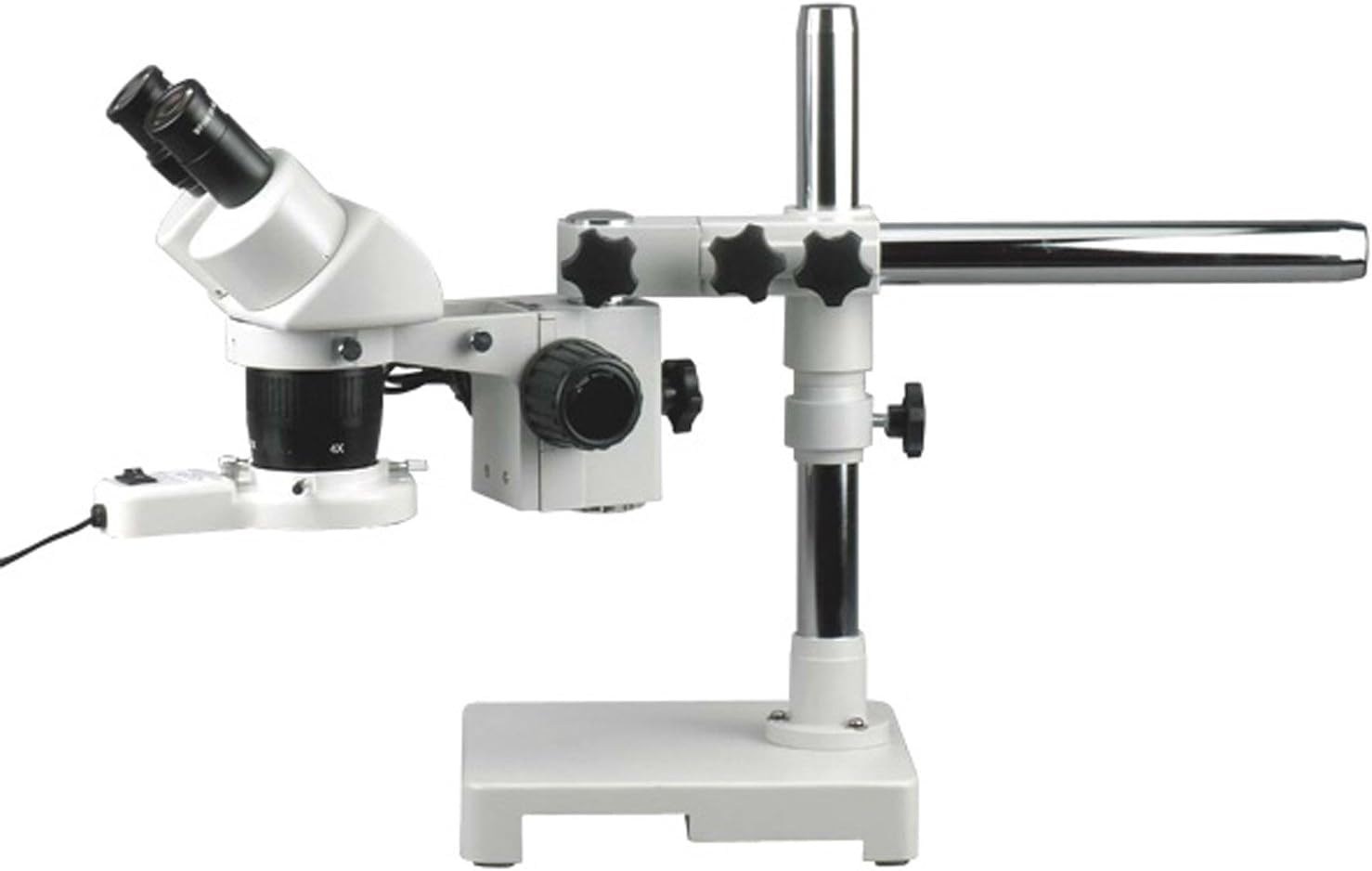 AmScope SW-3B24-FRL Binocular Microscope, WH10x Eyepieces, 10X and 40X Magnification, 2X/4X Objective, Single-Arm Boom Stand, 8W Fluorescent Ring Light, 110V-120V
