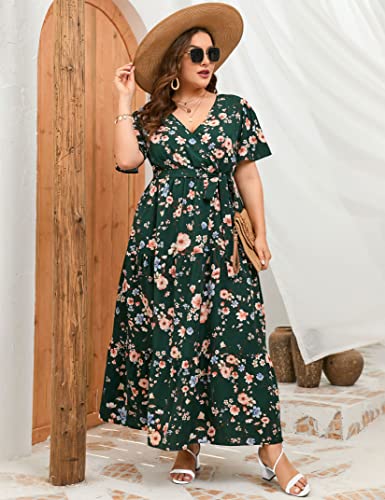 Image of ShopWonder Womens Plus Size V Neck Wrap Maxi Dress High Waist Ruffle Summer Casual Dress with Belt