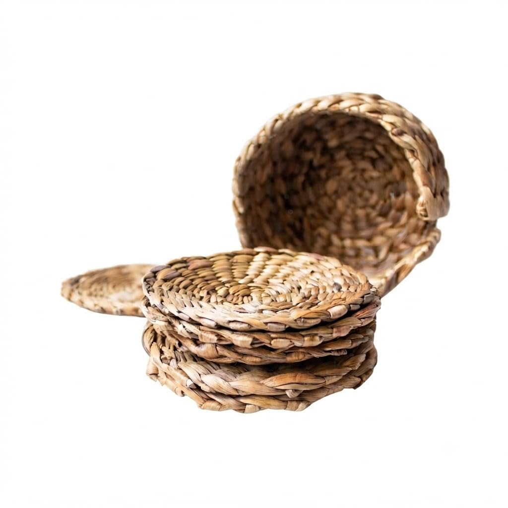 Handwoven Coasters Set of 6 with Holder, for Wooden Table Protection, Absorbent Coasters for Table, Cups, Mug & Glasses, Made of Pure Natural Plant Water Hyacinth (jalkumbhi)-image-25