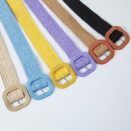 Women's Candy Colors Braided Stretch Belts Casual Woven Straps Wide Elastic Waistband with Square Wooden Print Buckle(90cm/35.4", Yellow)2