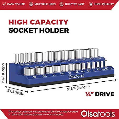 Image of Olsa Tools Magnetic Socket Organizer - 1 /4-Inch Drive SAE Socket Holder with Strong Magnets - Professional Tool Holder and Organizer - Stores up to 26 Sockets - Blue - Part: 1298