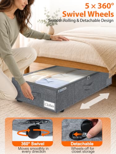 Image of punemi 10 inch Tall 75L Under Bed Storage Bins with Wheels, 2-Pack, Gray | 5-Wheel Rolling Organizers with Clear Lids, for Clothes, Shoes and Blankets, Underbed, Closet & Dorm Organizataion