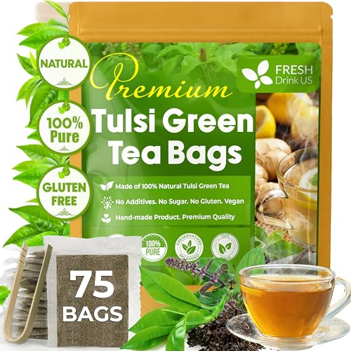 Image of FreshDrinkUS, Premium 75 Tulsi Green Tea Bags, 100% Natural, Blend of Tulsi Holy Basil Leaves, and Green Tea Leaves. Made with Natural Material Tea Bags. No Sugar, Vegan.