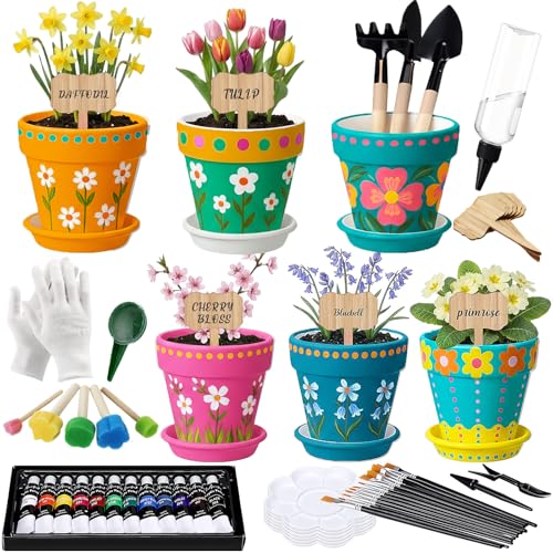 Ferrochef 6 Sets DIY Flower Pot Painting Kit 6 White Terracotta Flower Pots with Saucer Planting...
